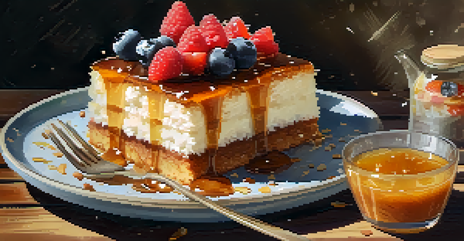 A homemade cake with agave nectar drizzle and fresh fruits on a rustic wooden table, surrounded by coconut flakes and maple syrup.