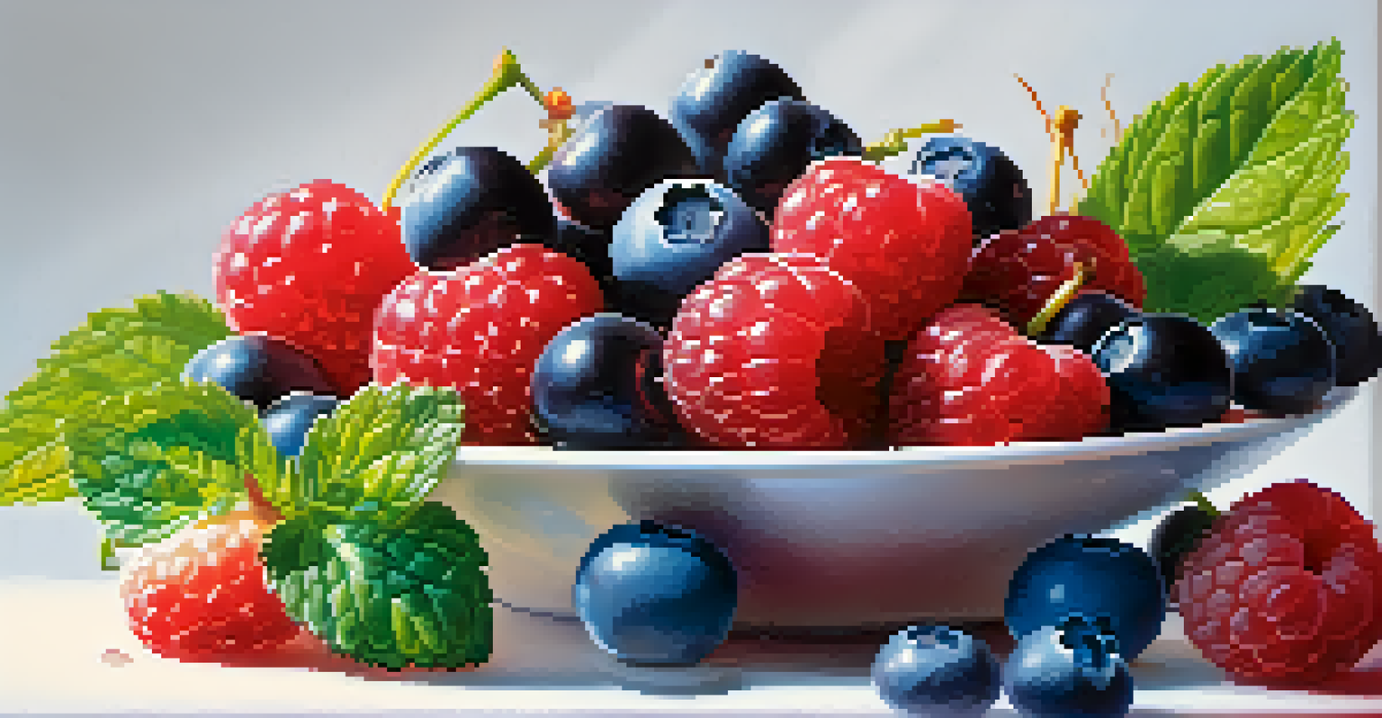 A plate filled with colorful berries, including blueberries, strawberries, and raspberries, garnished with mint leaves, under soft lighting.