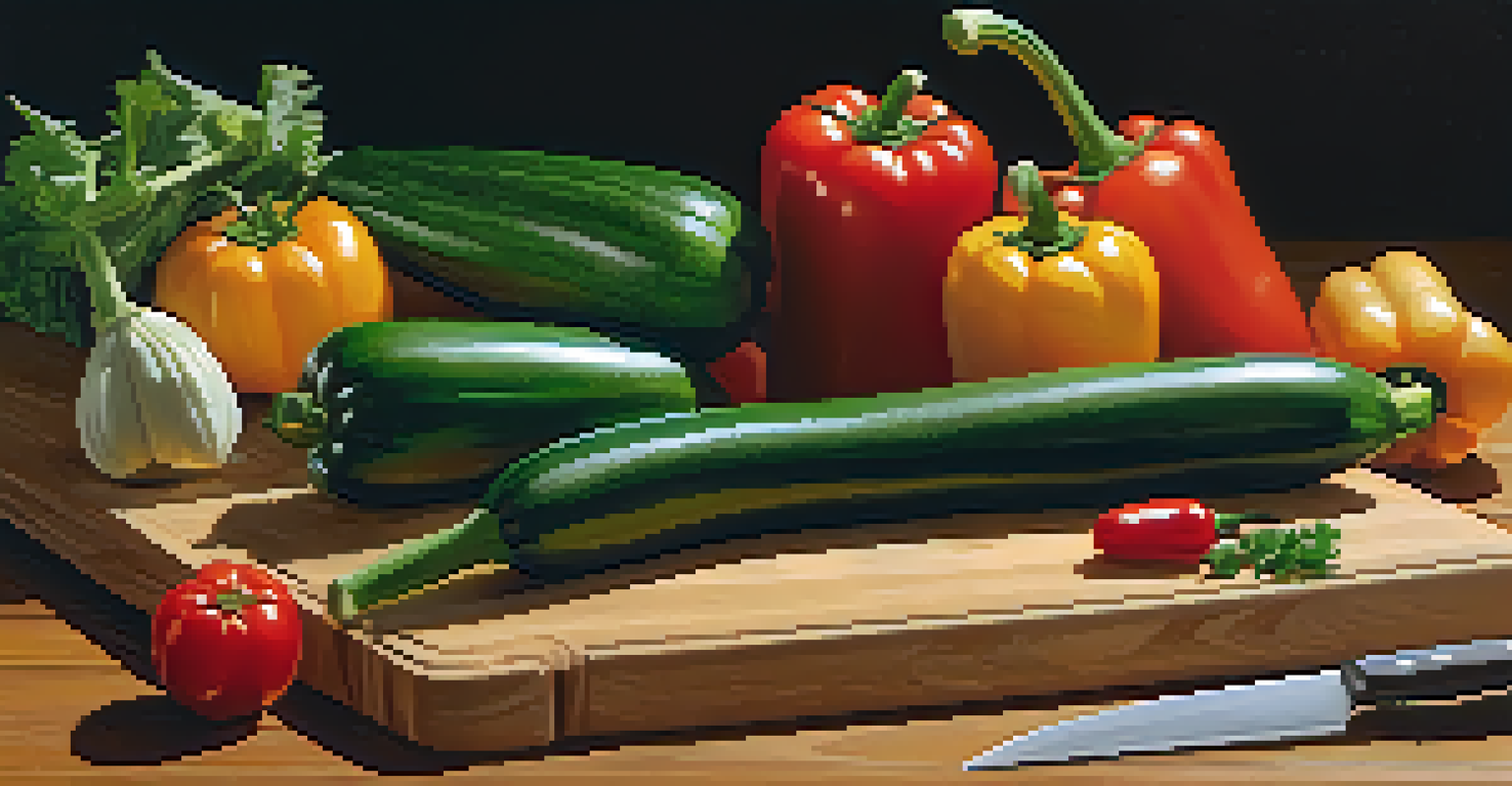 A cutting board with a variety of colorful seasonal vegetables like zucchini, tomatoes, and bell peppers, with a knife beside it.