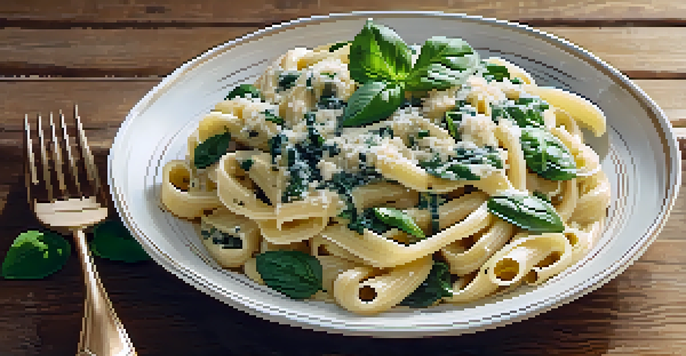 A plate of creamy spinach and ricotta pasta with fresh basil, illuminated by soft golden light on a rustic wooden table.
