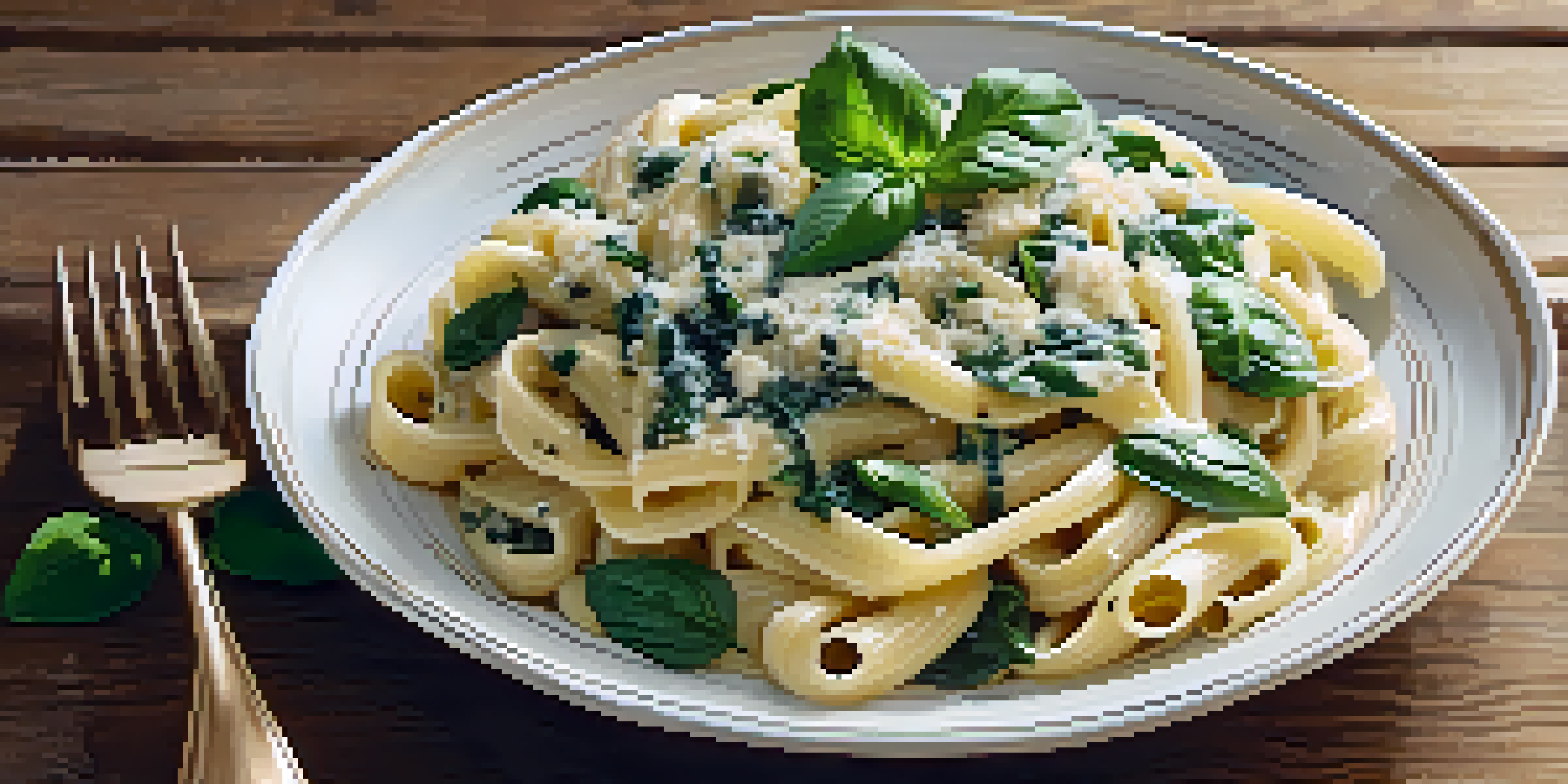 A plate of creamy spinach and ricotta pasta with fresh basil, illuminated by soft golden light on a rustic wooden table.