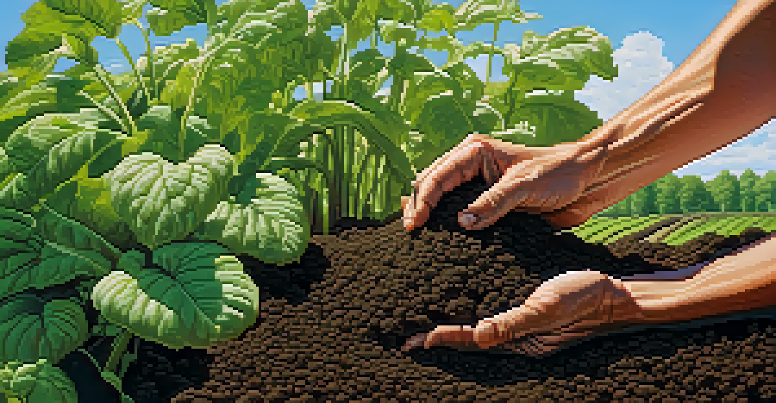 A close-up of a farmer's hands tending to green crops in an organic garden, showcasing the connection to sustainable agriculture.