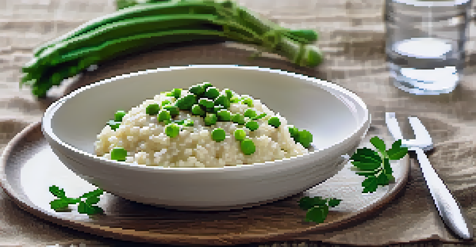 A bowl of creamy cauliflower risotto with peas and herbs on a rustic table.
