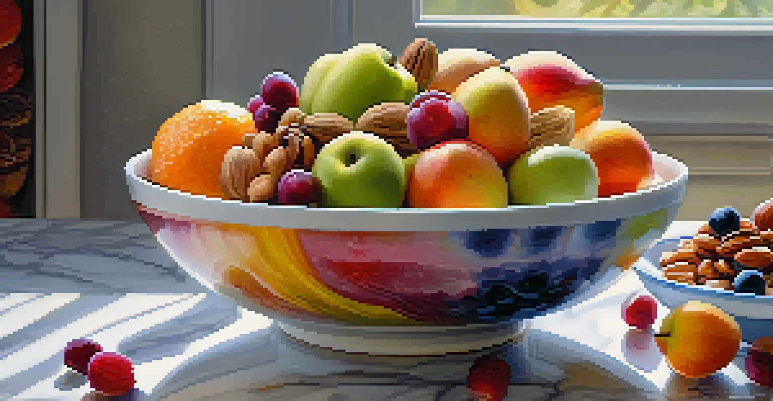 An artistic close-up of a bowl filled with mixed fruits, nuts, and seeds on a marble countertop, with sunlight enhancing the freshness of the ingredients.