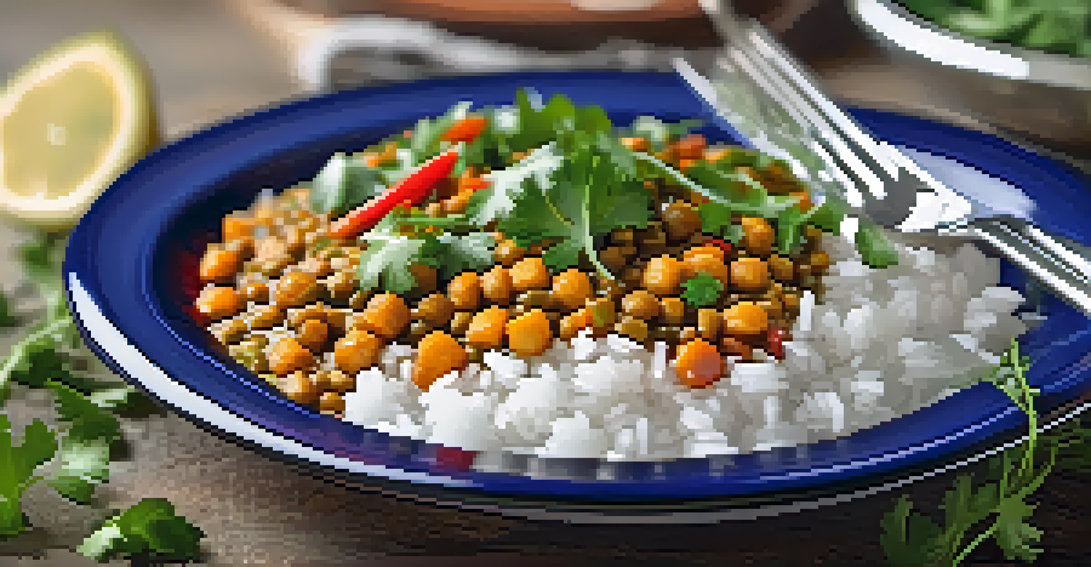 A close-up view of a plated lentil curry with rice, garnished with vegetables and herbs on a rustic plate.