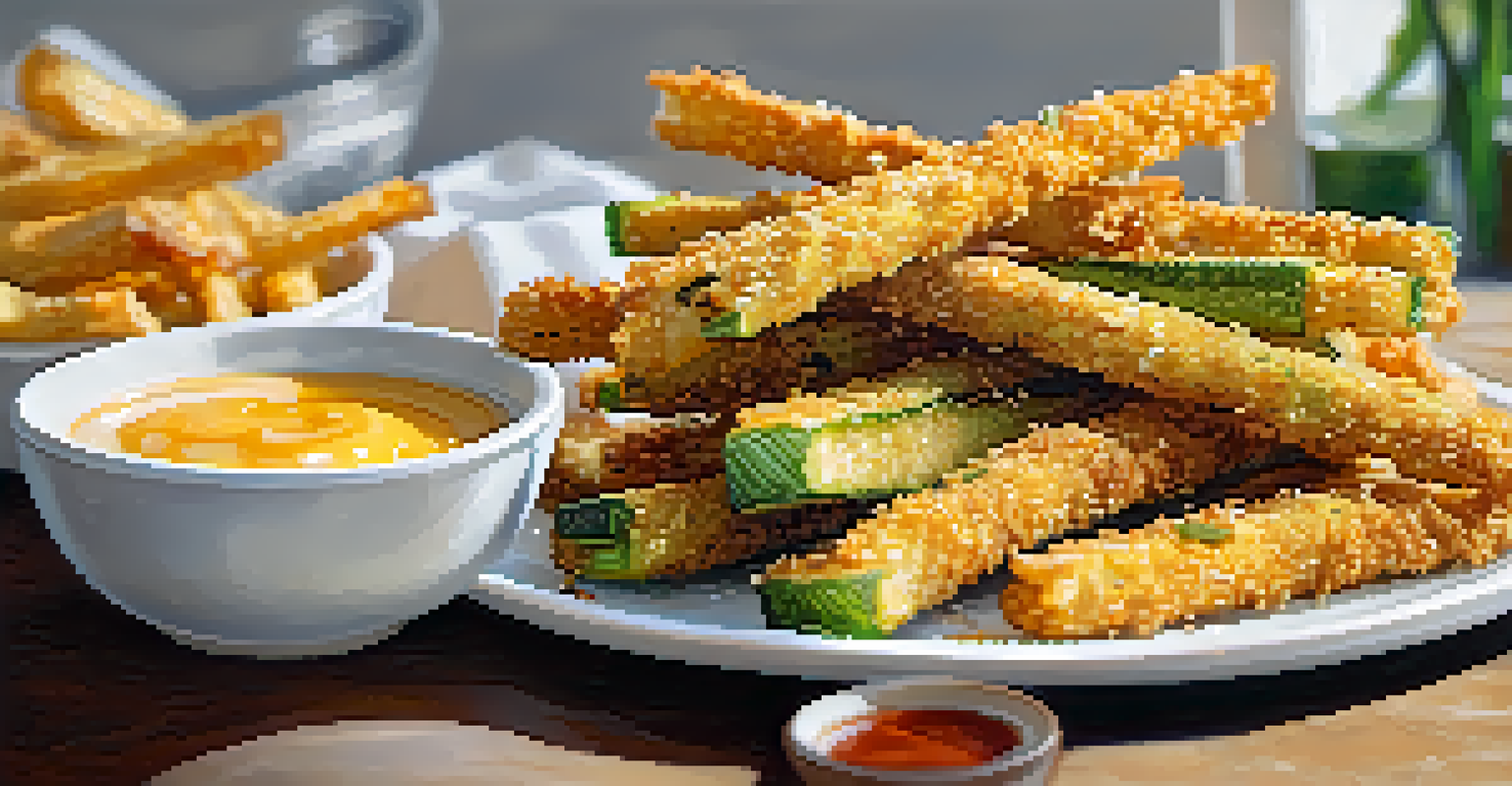 A close-up of crispy baked zucchini fries on a white plate with a bowl of dipping sauce, showcasing their golden texture.