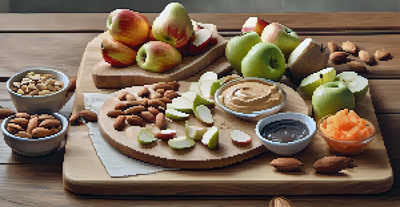 A wooden board with healthy snacks including apple slices with almond butter, carrot sticks with hummus, and mixed nuts.