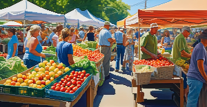 A lively farmer's market showcasing colorful seasonal fruits and vegetables, with people browsing the stalls under bright sunlight.