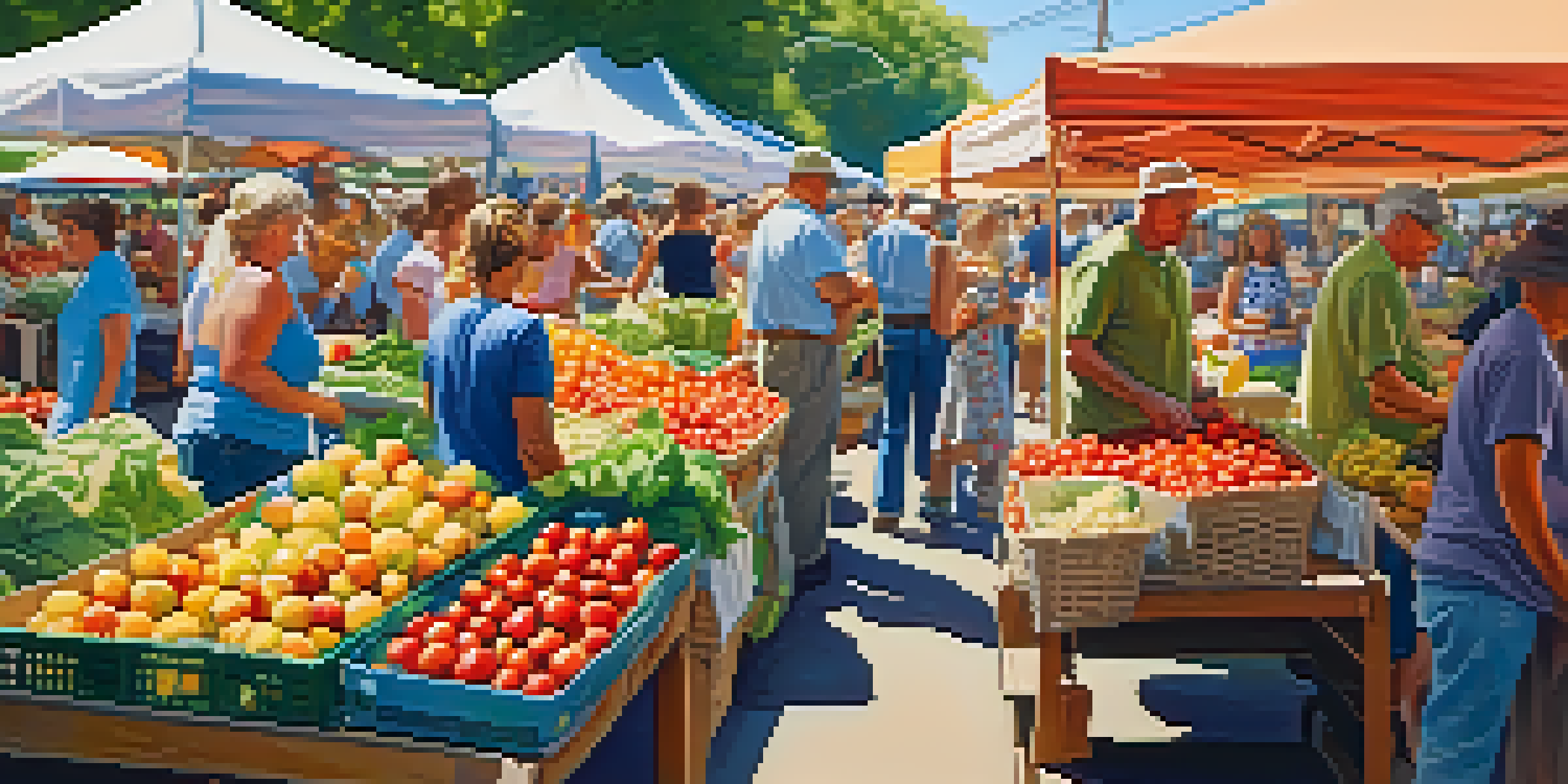 A lively farmer's market showcasing colorful seasonal fruits and vegetables, with people browsing the stalls under bright sunlight.