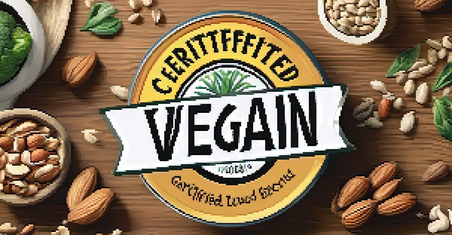 A close-up of a product label with a 'Certified Vegan' seal, surrounded by nuts, seeds, and grains on a wooden countertop.