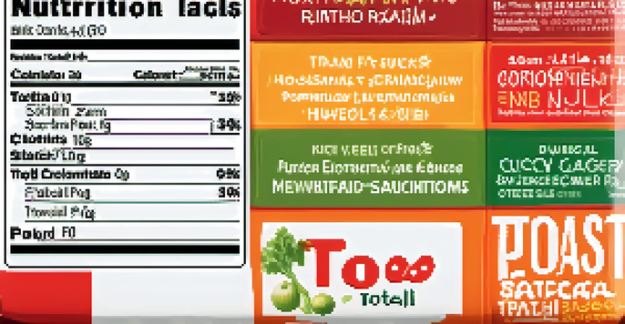 A close-up view of a nutrition label with highlighted terms on a snack product, surrounded by blurred fresh vegetables.