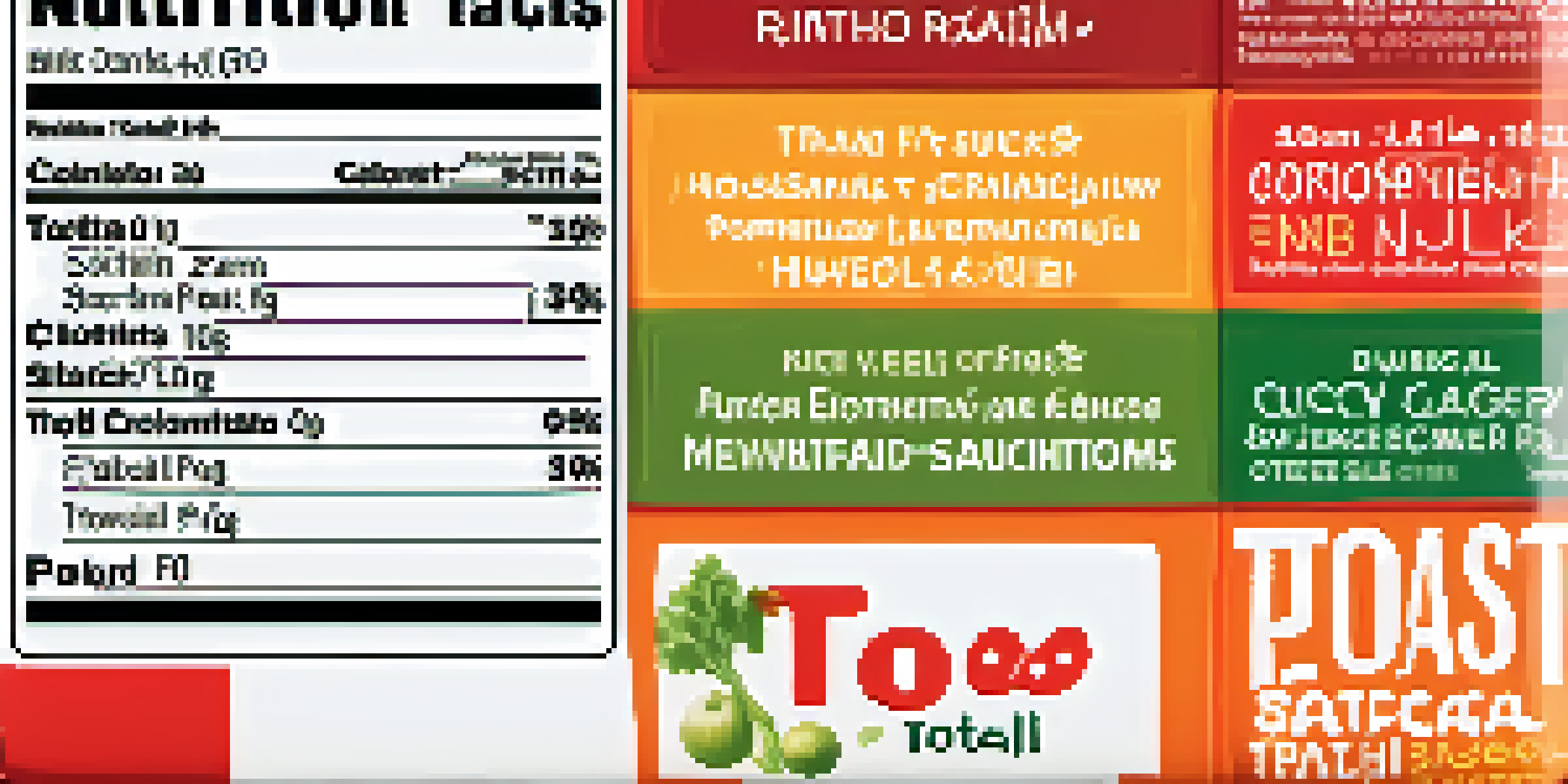 A close-up view of a nutrition label with highlighted terms on a snack product, surrounded by blurred fresh vegetables.