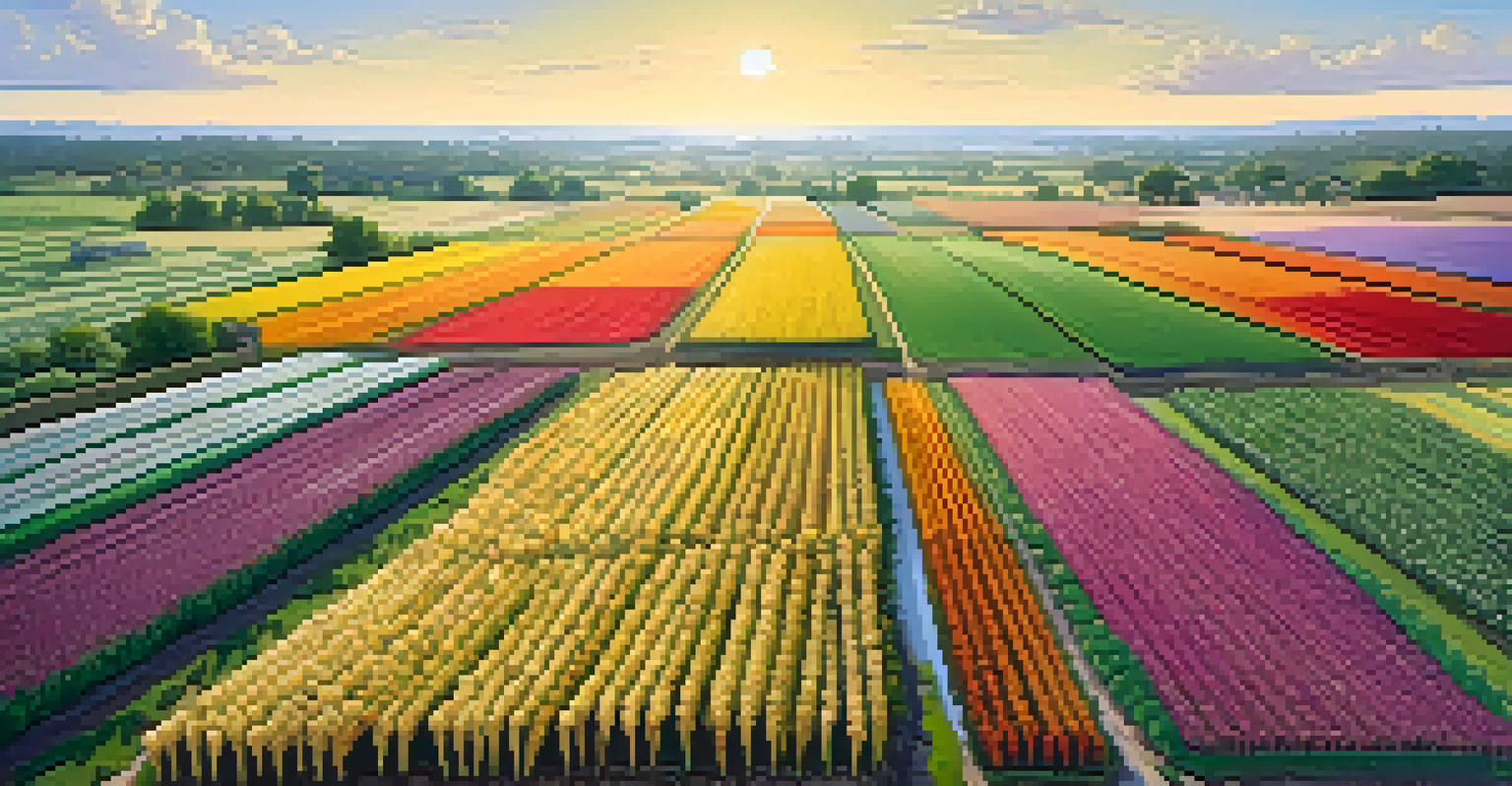 An aerial view of a diverse agricultural landscape with various crop fields in different colors and textures under soft morning light.
