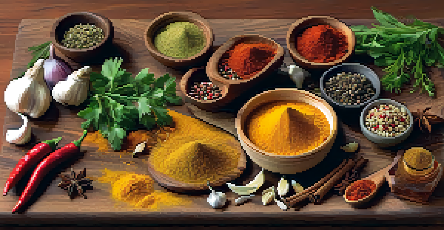 A close-up of a wooden cutting board with various colorful spice blends and fresh ingredients.