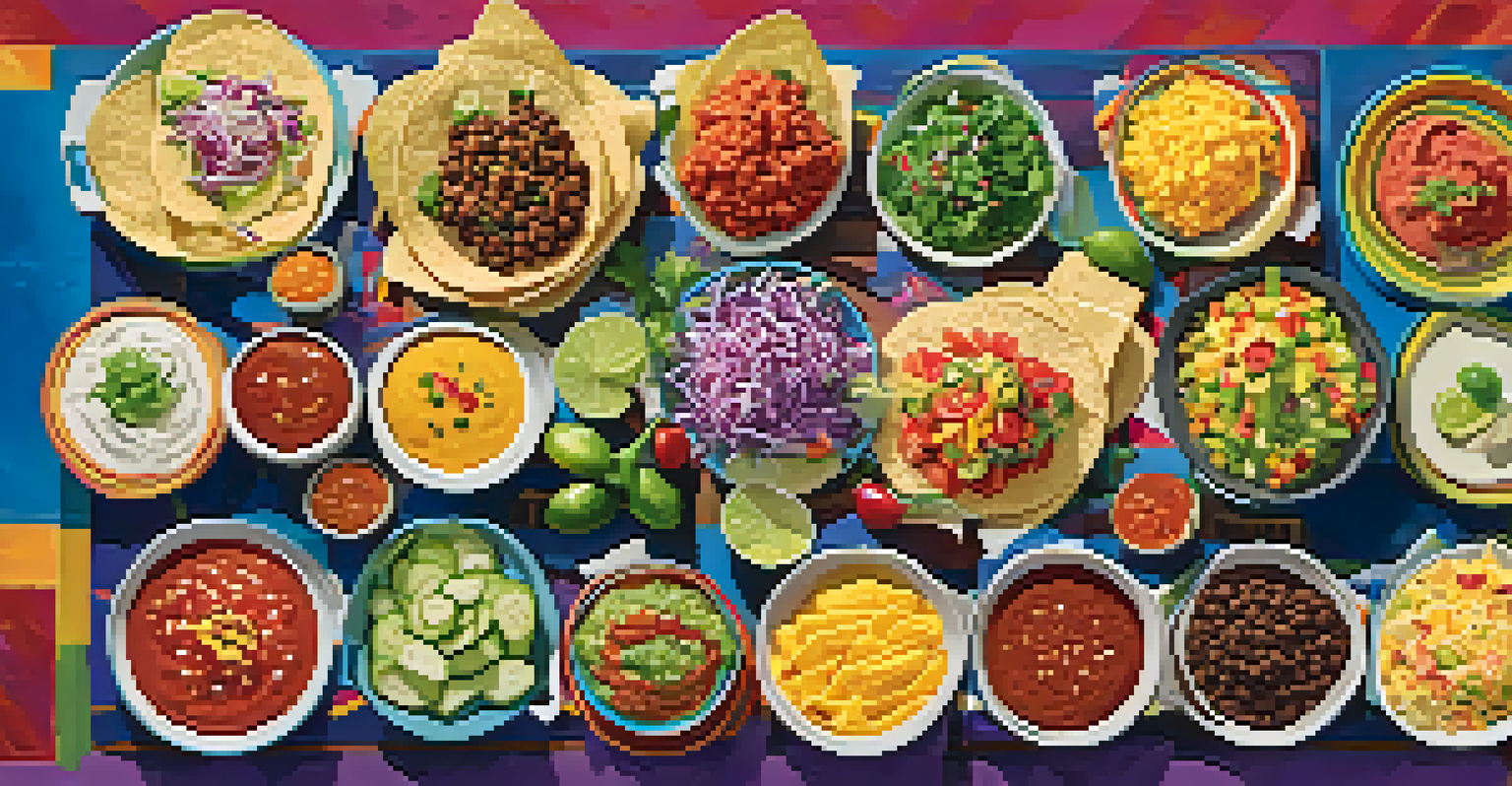 A lively taco bar with various toppings, showcasing colorful ingredients and guests assembling their own tacos.