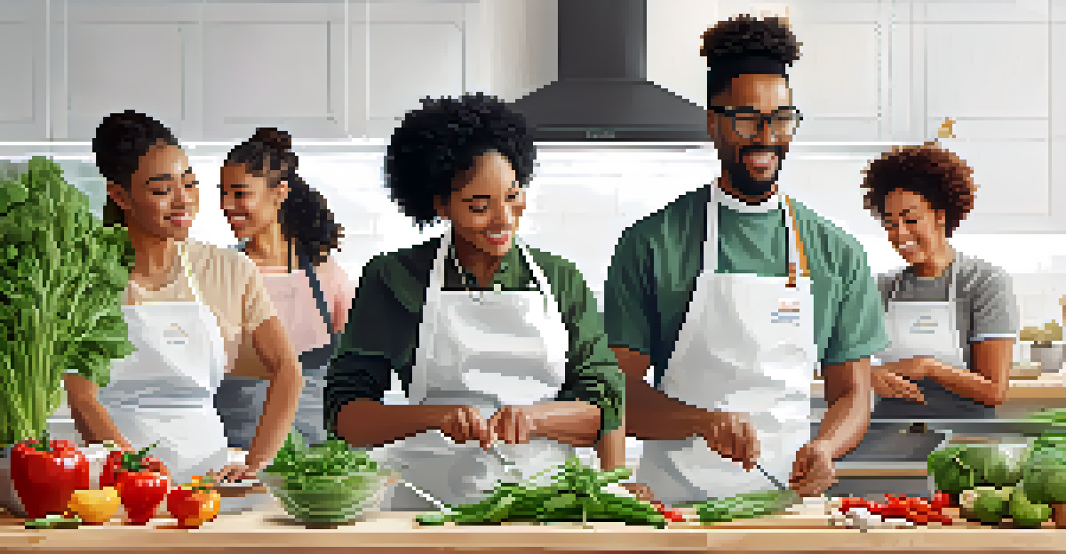 A cooking class in a bright kitchen, with a diverse group learning to prepare plant-based dishes under the guidance of an instructor.