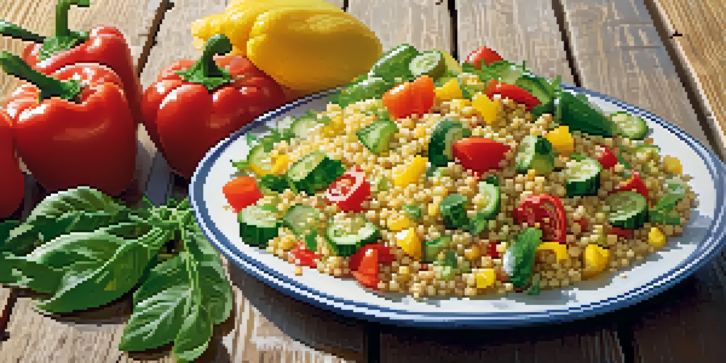 A colorful salad bowl filled with millet, bell peppers, cucumbers, and tomatoes, garnished with herbs and olive oil on a wooden table.