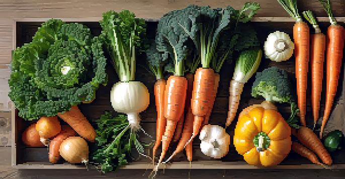 An overhead view of a wooden table filled with fresh seasonal vegetables, showcasing vibrant colors and textures.