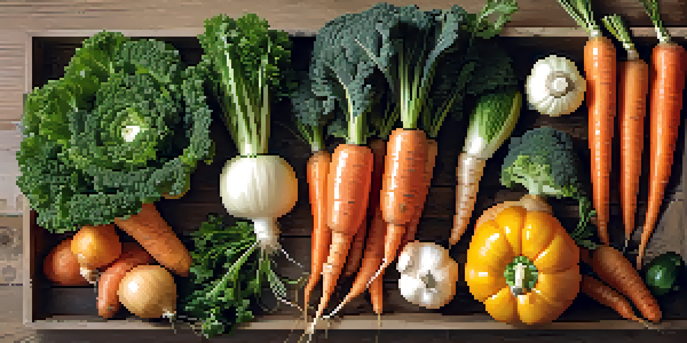 An overhead view of a wooden table filled with fresh seasonal vegetables, showcasing vibrant colors and textures.
