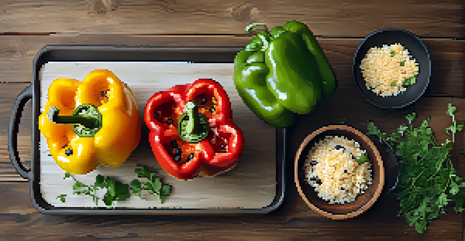 Baked stuffed bell peppers filled with brown rice, black beans, corn, and topped with cheese on a wooden table.
