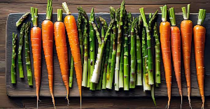 A colorful display of sous vide cooked carrots and asparagus on a wooden table, highlighting their vibrant colors and textures.