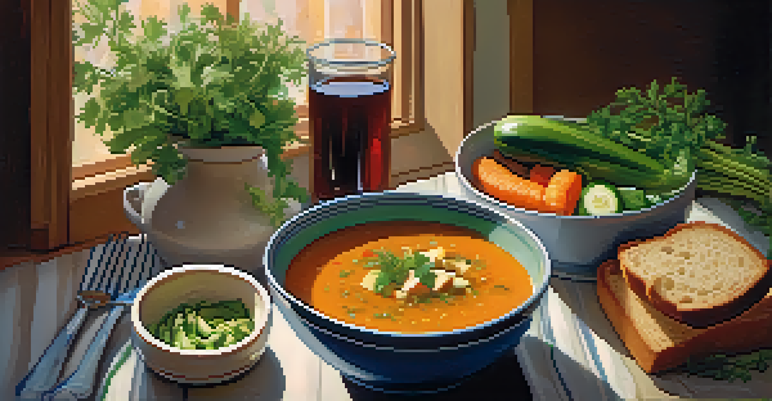 A bowl of colorful veggie soup on a dining table with warm candlelight and a loaf of bread.