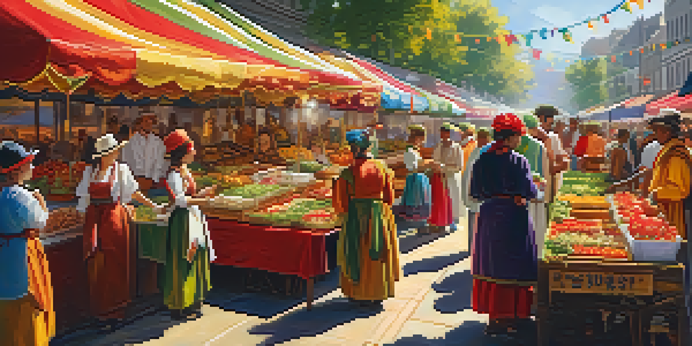 A lively carnival scene with colorful decorations, traditional costumes, and stalls serving plant-based dishes in a sunny setting.