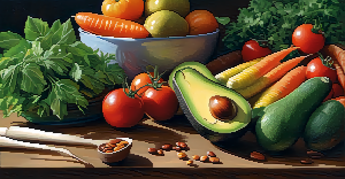 A colorful array of fresh fruits and vegetables displayed on a wooden table, showcasing a variety of textures and colors.