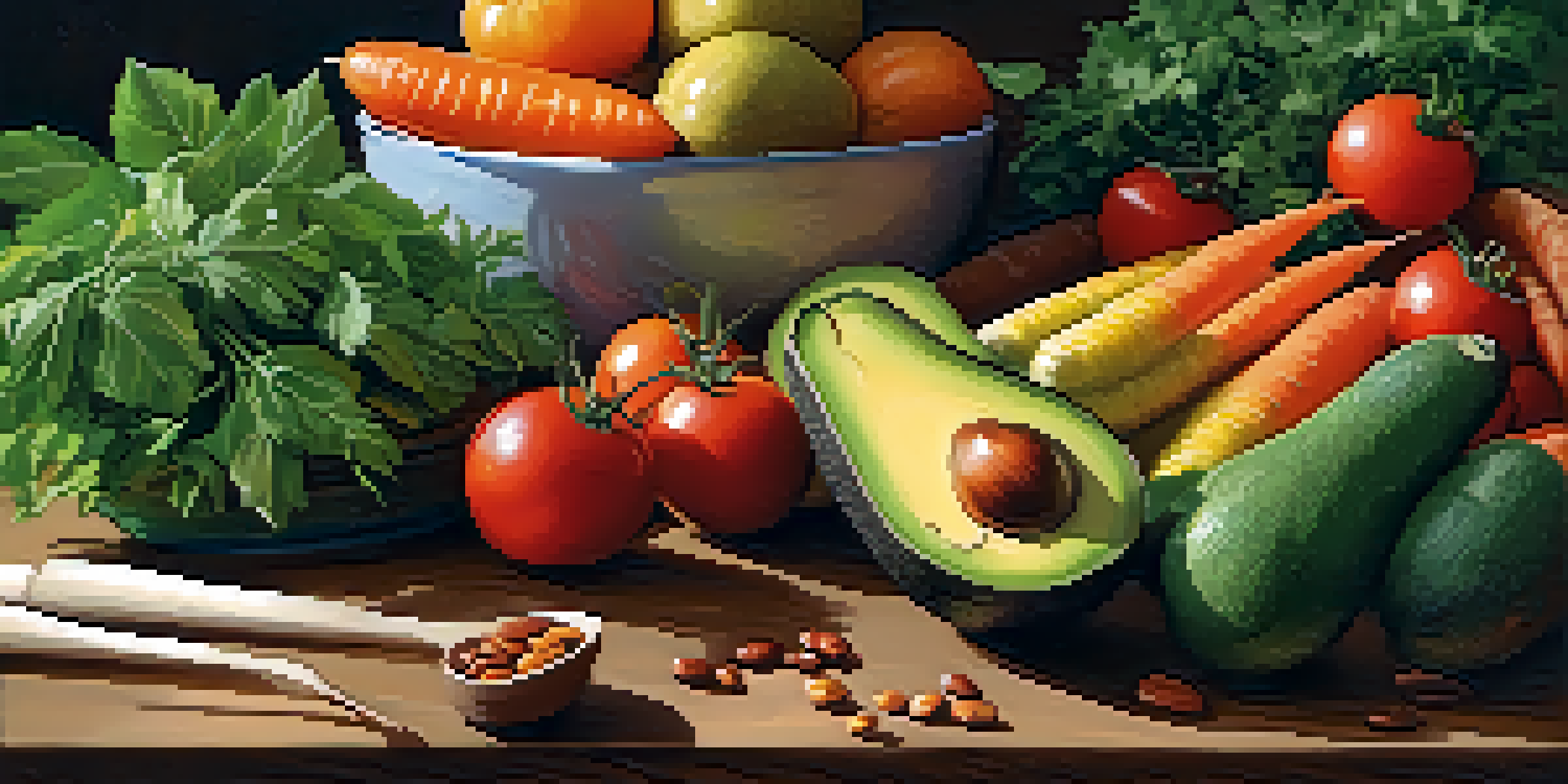 A colorful array of fresh fruits and vegetables displayed on a wooden table, showcasing a variety of textures and colors.