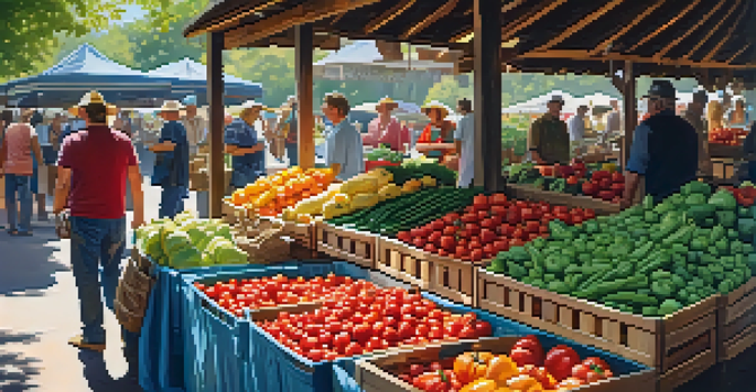 A bustling farmer's market filled with fresh vegetables and fruits, with sunlight filtering through trees and people shopping.