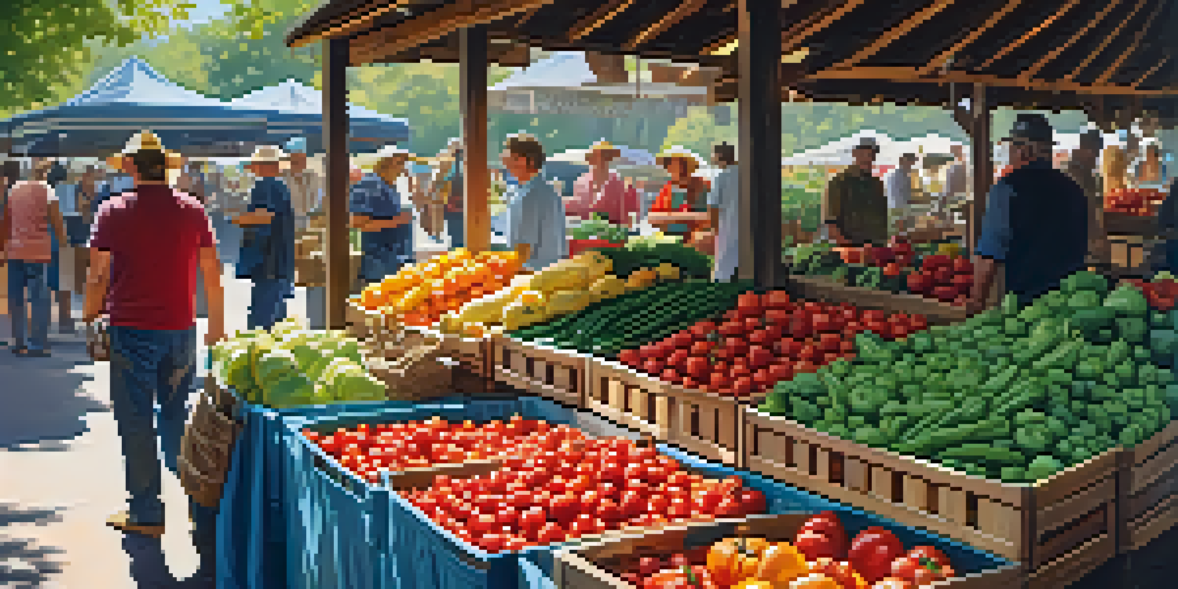 A bustling farmer's market filled with fresh vegetables and fruits, with sunlight filtering through trees and people shopping.