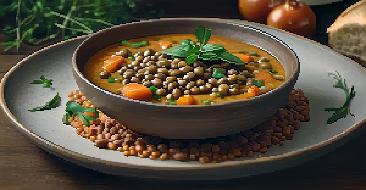 A close-up view of a rustic bowl filled with rich lentil stew, garnished with fresh herbs, showcasing warm earthy tones and inviting textures.