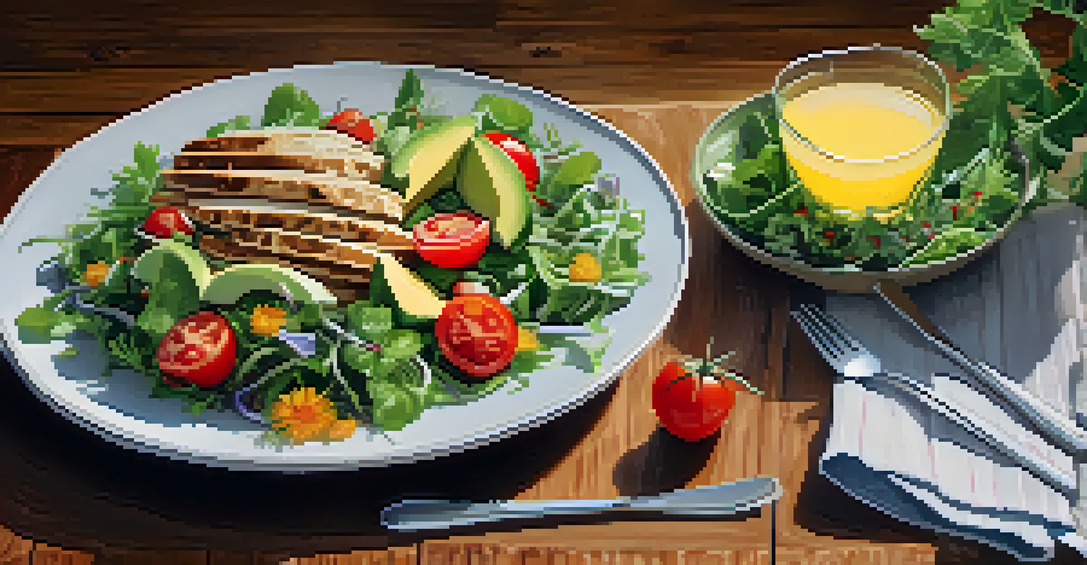 A colorful vegetarian meal with a salad and lemonade on a wooden table, garnished with edible flowers and a cloth napkin.