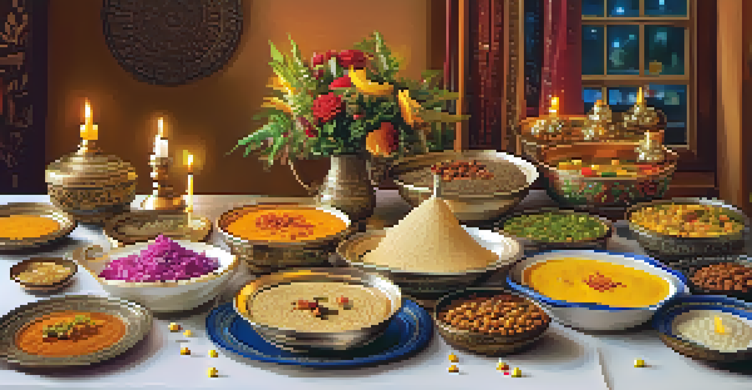 A festive Indian dining table filled with vegetarian dishes like Kheer and Chole, surrounded by colorful decorations and warm lighting.