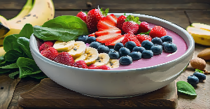 A colorful smoothie bowl with fruits and spinach, topped with almond butter, on a wooden table with soft morning light.