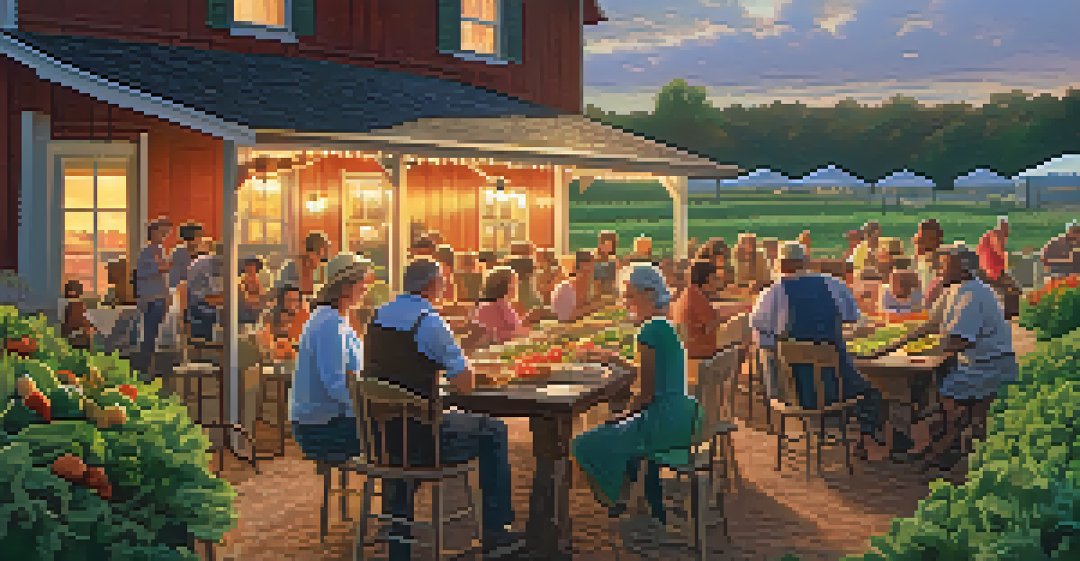 A community gathering at a CSA farm with members participating in a cooking class outdoors, surrounded by fresh produce and a sunset backdrop.