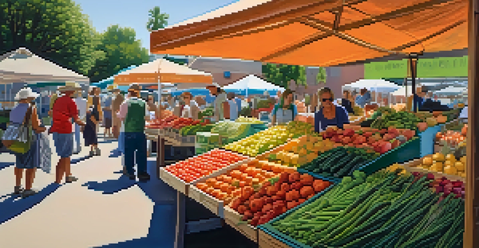 A lively farmer's market filled with colorful fruits and vegetables, with people shopping and enjoying the fresh produce under the sun.