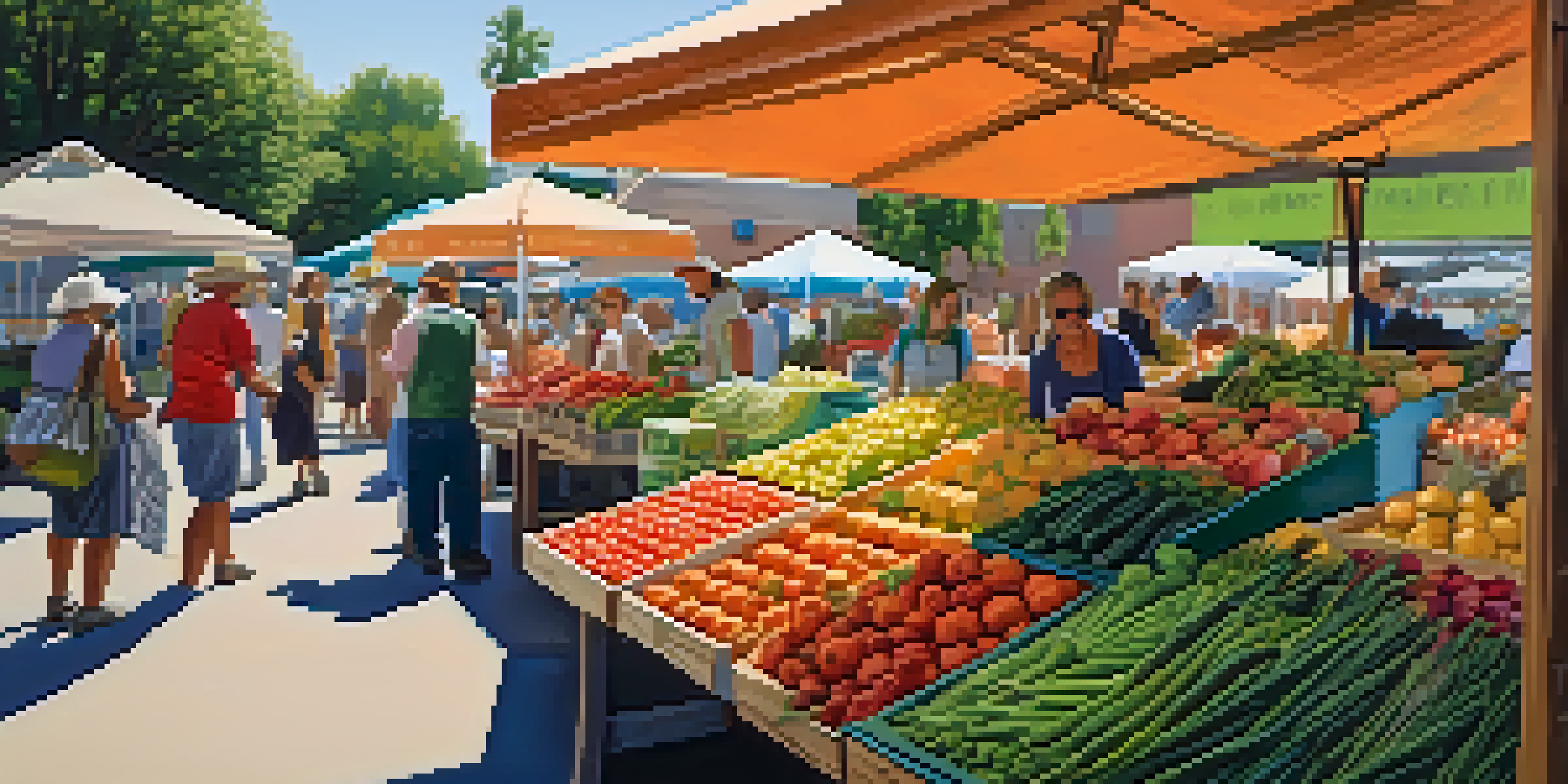 A lively farmer's market filled with colorful fruits and vegetables, with people shopping and enjoying the fresh produce under the sun.