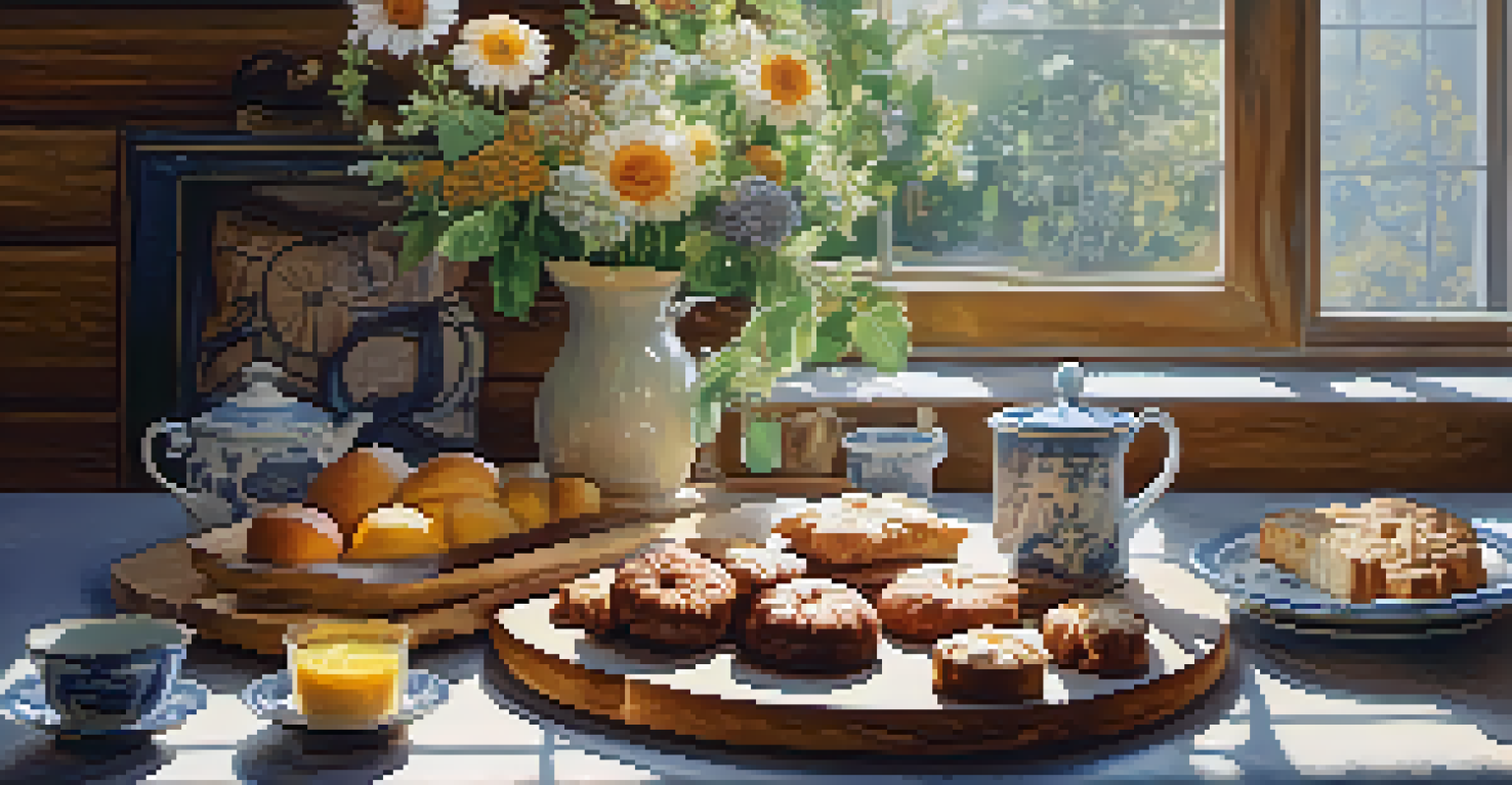 A rustic kitchen with baked goods sweetened by plant-based sweeteners, a teacup, and flowers on a wooden table, illuminated by sunlight.