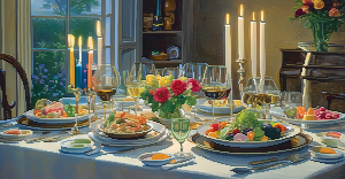 A dining table set with colorful dishes, elegant tableware, and guests enjoying a meal together.