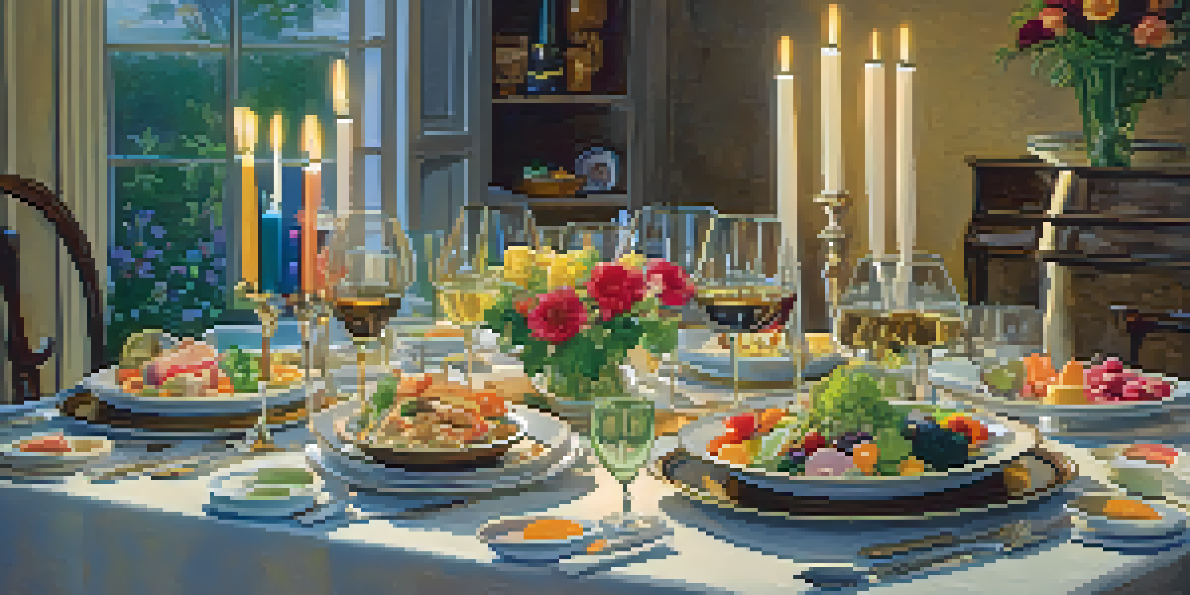 A dining table set with colorful dishes, elegant tableware, and guests enjoying a meal together.