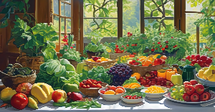 A vibrant garden with various vegetables and fruits, along with a wooden table showcasing a colorful vegetarian meal under sunlight.