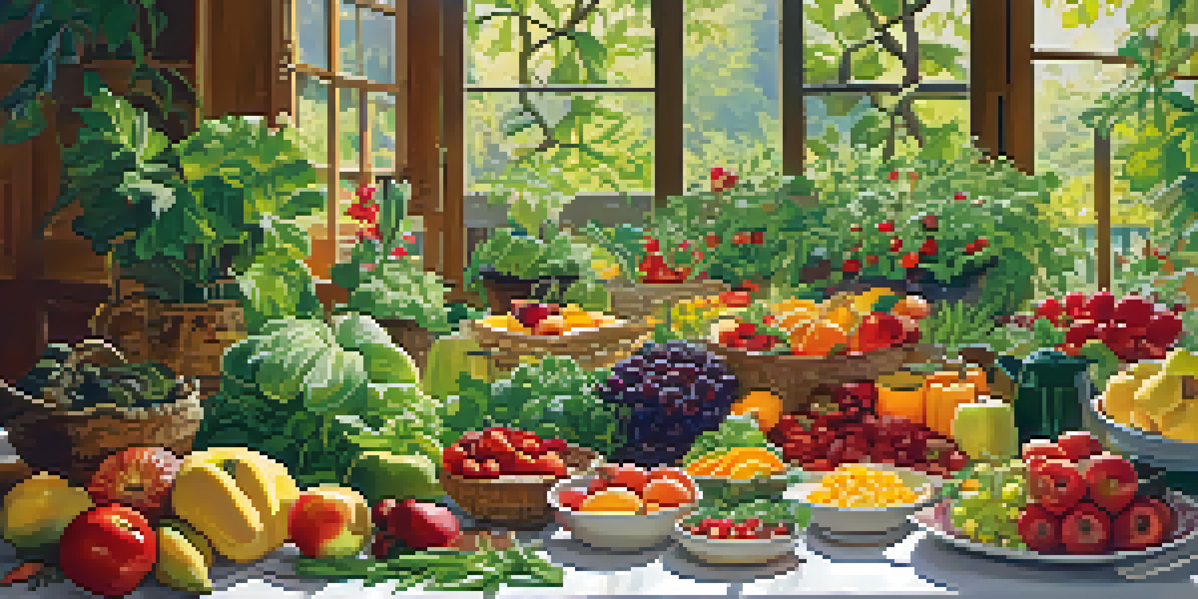 A vibrant garden with various vegetables and fruits, along with a wooden table showcasing a colorful vegetarian meal under sunlight.