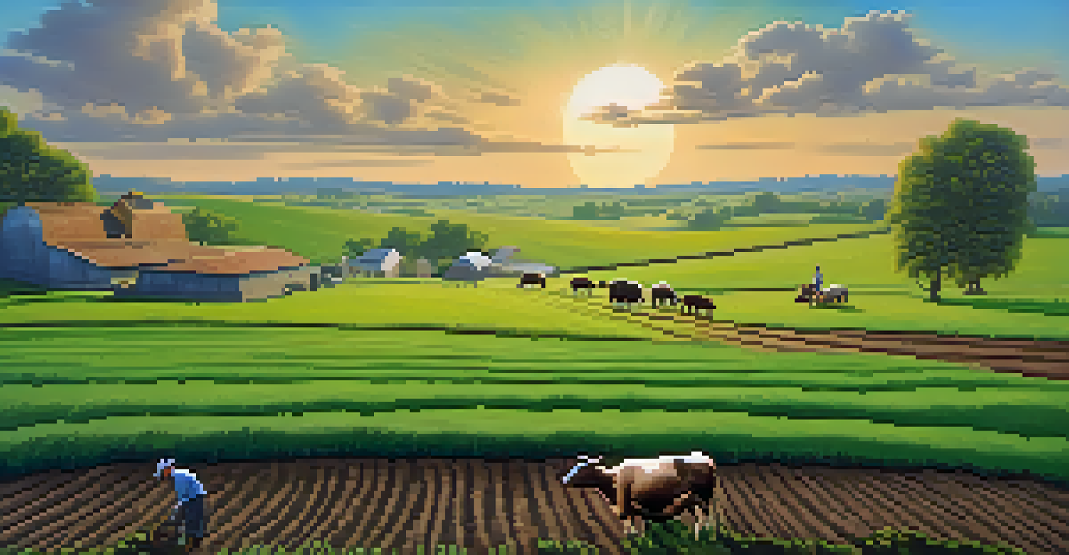A peaceful green field with grazing animals and a person planting seeds, symbolizing sustainable farming.