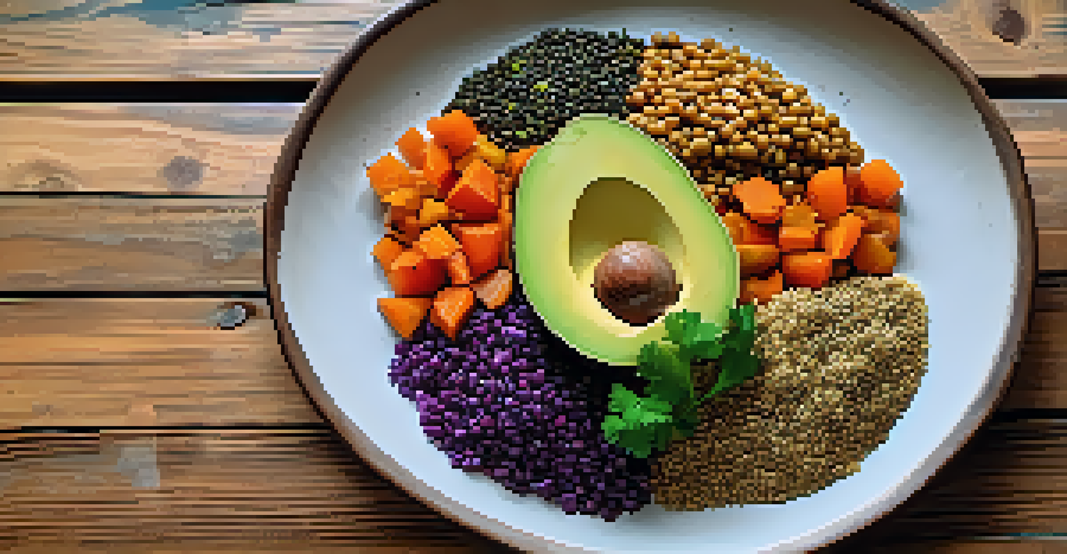 A beautifully arranged balanced vegan plate with roasted vegetables, quinoa, lentils, and avocado slices on a rustic wooden table.