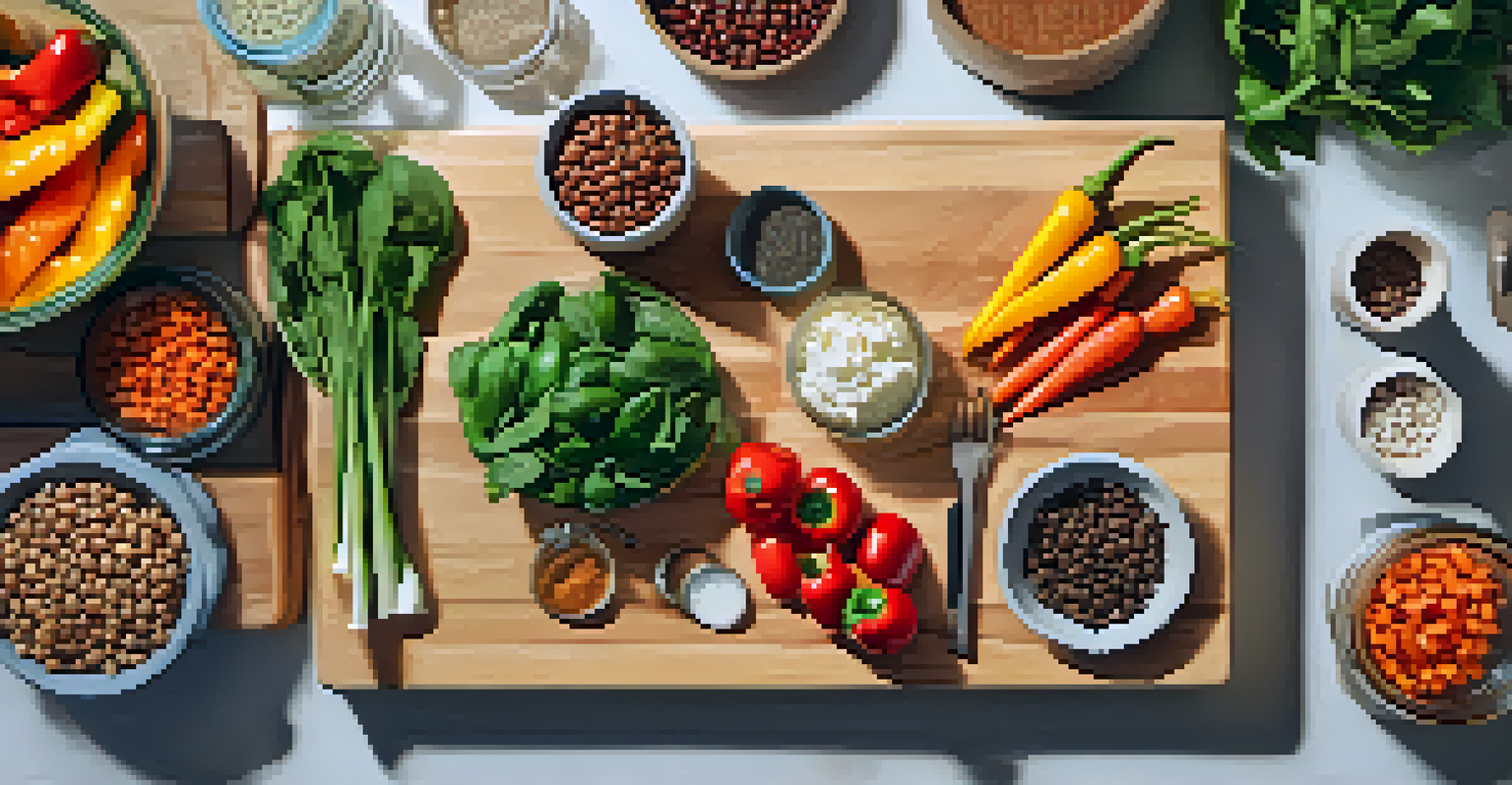 A flat lay of a meal prep scene with chopped vegetables, jars of beans, and a notebook for planning.