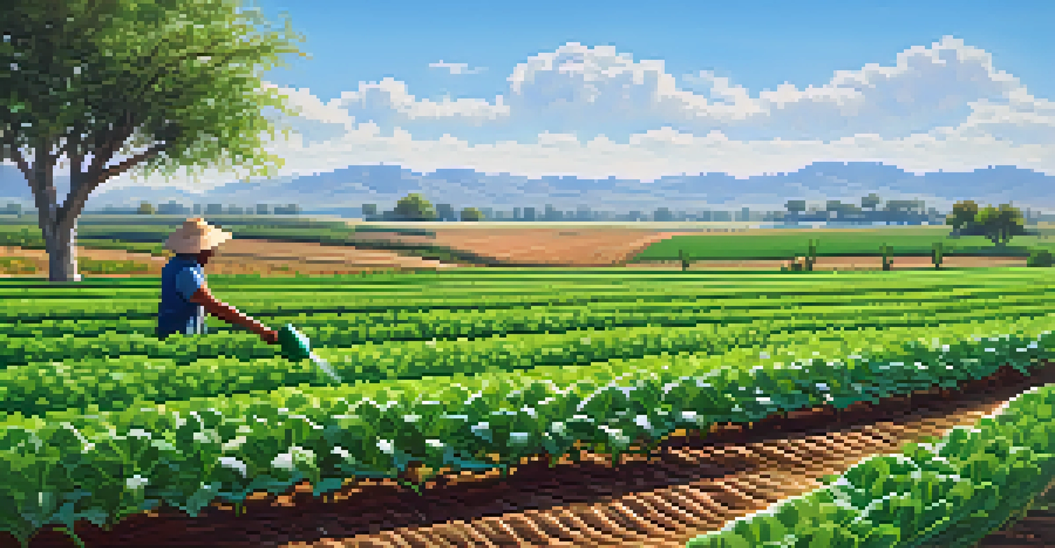A serene farm landscape with green crops and a farmer using drip irrigation, emphasizing sustainable agriculture under a clear blue sky.