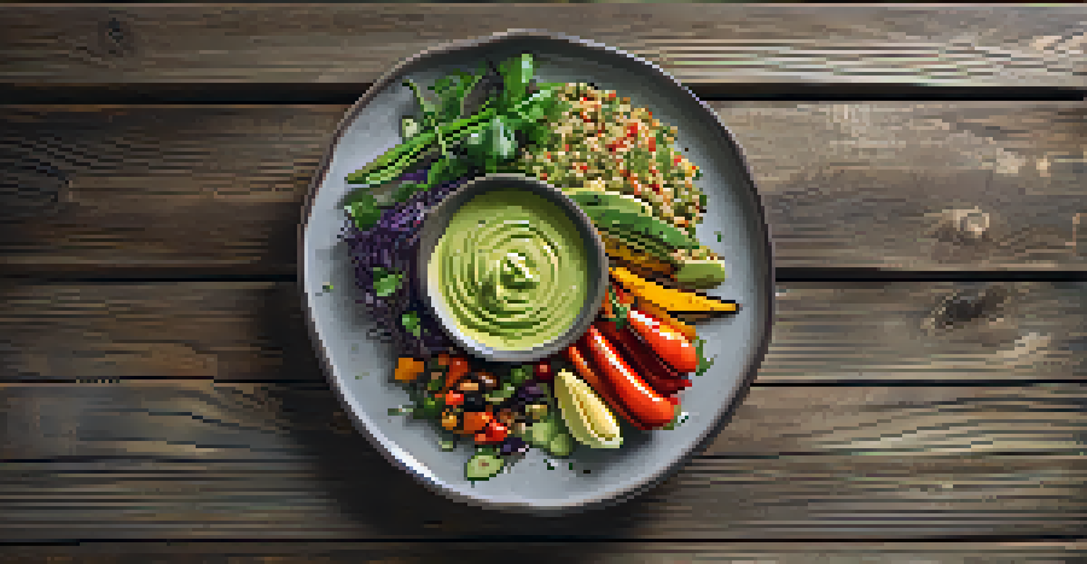 A gourmet vegetarian dish with grilled vegetables and quinoa, artfully arranged on a rustic wooden table.