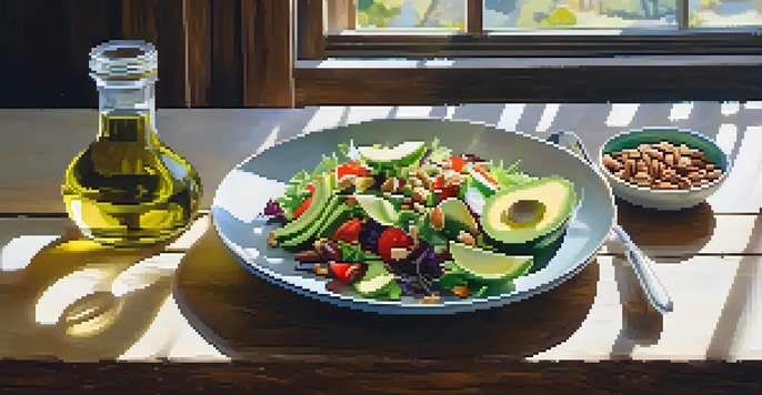 A colorful vegetarian salad topped with avocado, nuts, and seeds, illuminated by sunlight on a rustic wooden table.