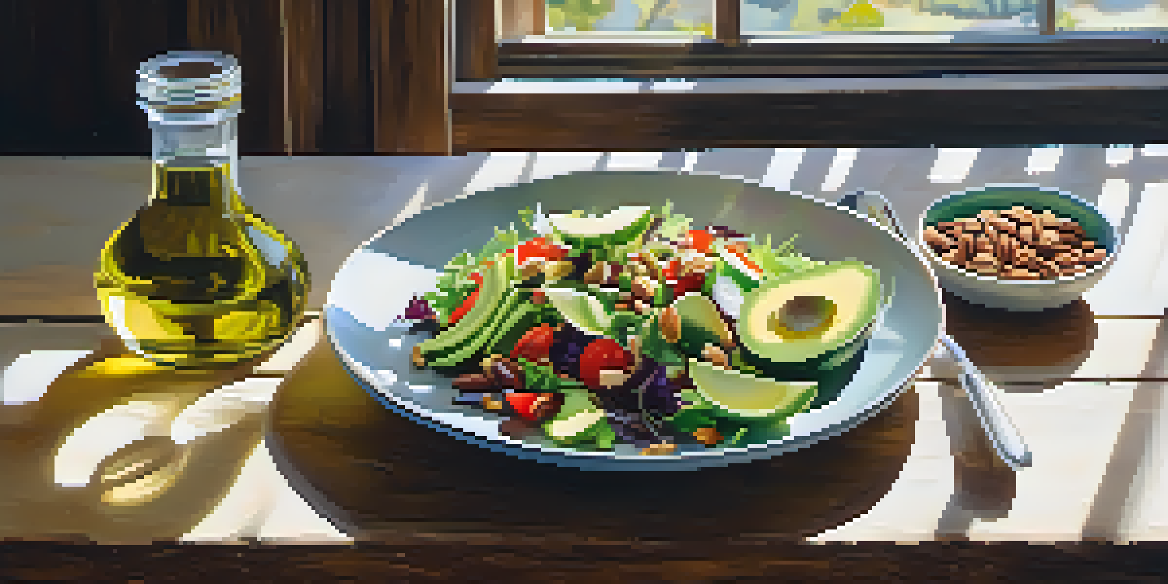 A colorful vegetarian salad topped with avocado, nuts, and seeds, illuminated by sunlight on a rustic wooden table.